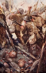 „Bombardovali a bajonetem se dostali do nepřátelského zákopu“, ilustrace z „Told in the Huts: The YMCA Gift Book“, vydané v roce 1916