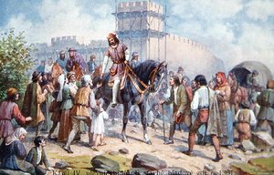 Karel IV. pozdravil obyčejné lidi při rozšiřování pražského opevnění v roce 1361, pohlednice z počátku dvacátého století (barevné lito) od Czech School