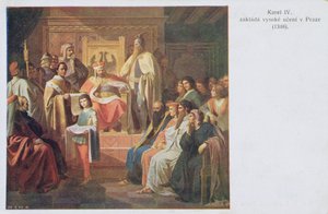 Založení německé univerzity v Praze Karlem IV. v roce 1348, pohlednice z počátku dvacátého století od Czech School