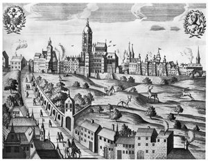 Pohled na Prahu zobrazující Císařský palác a teologickou kolej, kolem roku 1618 od Czech School
