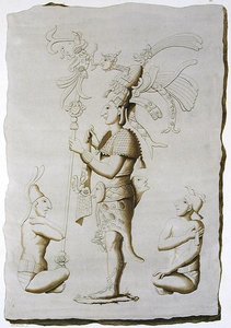 Král, socha z paláce, Palenque, Chiapas, Mexiko (barevná rytina) od D.K. (after) Bonatti