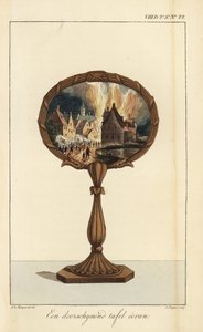 A translucent table screen decorated with a painting of a village on fire   1423878   cs       czech Successfully Translated  Original: Taglia Cantoni - Fracasso, plate 24 from Balli di Sfessania Translat: Taglia Cantoni - Fracasso, plate 24 from Balli di  od D. Sluyter