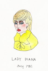 Lady Diana, 2017 (žlutá, červená, modrá a hnědá indická tuš s fixem na papíře)