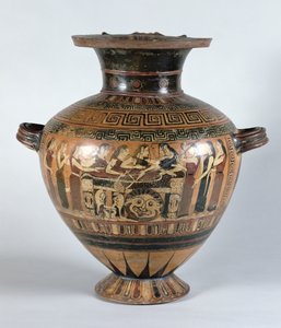 Černofigurová hydrie zobrazující Nereidy truchlící nad Achilleem, asi 560-550 př. n. l. (keramika)