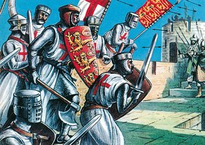 Král Richard I. při dobývání hradeb v Akkonu