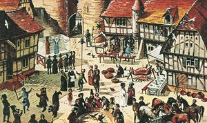 Středověký jarmark (barevná litografie)