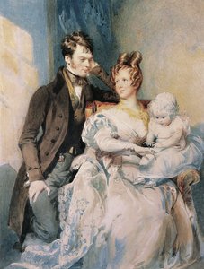 Portrét pana a paní MacGregorových s dítětem (tužka a akvarel s bílým zvýrazněním na papíře) od Daniel Maclise