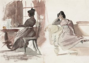 Studie mladé dámy v růžových šatech, sedící u svého stolu a sedící na lehátku (tužka a akvarel na papíře) od Daniel Maclise