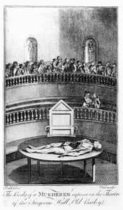 Tělo vraha vystavené v divadle v chirurgické síni Old Bailey, Londýn, rytina White (rytina)