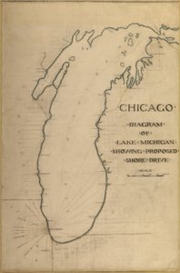 Deska 35 z Plan of Chicago 1909: Chicago a Diagram jezera Michigan. Navrhovaná cesta... od Daniel Burnham
