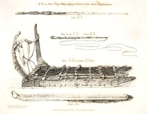 Kostěné saně, psí bič, oštěp a nůž arktických horalů, ilustrace z knihy "A Voyage of discovery...", 1819