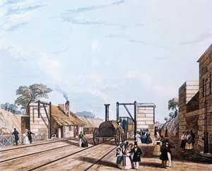 Liverpool a Manchester Railway: Nabírání vody v Parkside, 1831 (akvatinta)