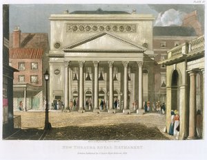 Nové divadlo Royal, Haymarket, v Londýně, navržené Johnem Nashem v roce 1821, 1826 od Daniel Havell