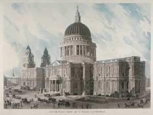 Jihovýchodní pohled na katedrálu svatého Pavla s postavami a kočáry venku, City of London, 1818