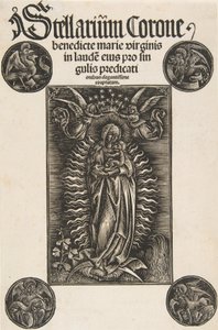 Panna na půlměsíci, titulní list z Pelbartus de Temesvar: Stellarium corone Schr. 2869..., 1502. od Daniel Hopfer.