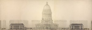 Deska 131 z Plánu Chicaga, 1909: Chicago. Elevation Showing the Group of Buildings Constituting the Proposed Civic Center (Výška zobrazující skupinu budov tvořících navrhované občanské centrum).