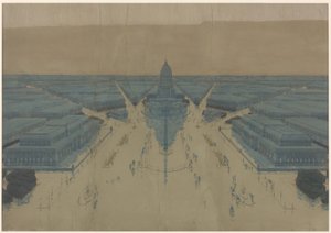 Pohled na navrhované náměstí Civic Center a budovy, plán Chicaga z roku 1909