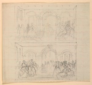 Kresba, dvě figurální kompozice k obrazu "Přijetí lady Washingtonové", 1860 od Daniel Huntington