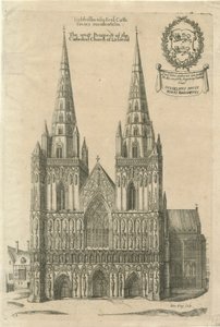 Lichfieldská katedrála – západní fronta: rytina a [? konec 17. století] od Daniel King