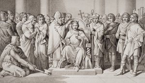 Korunovace Harolda II. (asi 1022–66) králem Anglosasů v roce 1066 n. l., z Ilustrace anglické a skotské historie od Daniel Maclise