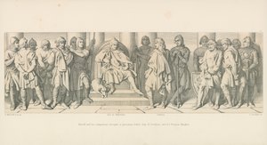 Harold a jeho společníci předvedeni jako vězni před Guye z Ponthieu a jeho normanským rytířům od Daniel Maclise
