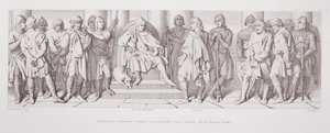 Harold a jeho společníci přivedení jako zajatci před Guye z Ponthieu a jeho normanské rytíře, z knihy "The Story of the Norman Conquest", vyryl L. Gruner, 1866. od Daniel Maclise