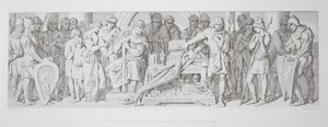 Haroldova přísaha věrnosti Vilémovi, složená nad ukrytými ostatky svatých, z knihy "The Story of the Norman Conquest", vyryl L. Gruner, 1866 88:Harold II (asi 1022-66), korunovaný v roce 1 od Daniel Maclise