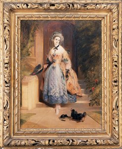 Portrét Louisy Jane, markýzy z Abercornu, malá celovečerní, v bohatě vyšívaných žlutomodrých šatech, u vchodu do domu, se španělem, 1832 od Daniel Maclise