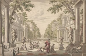 Pohled na palácovou zahradu s centrálním rybníkem obklopeným klasicistní architekturou..., ca. 1700-1720.