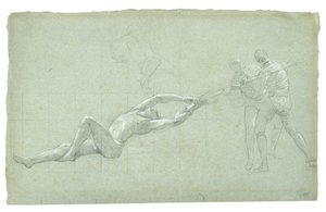 Study for The Siege of Gibraltar (Studie zachráněné postavy a dvou postav táhnoucích na vesle), 1785-1786 (černobílá křída na šedozeleném papíře) od Daniel Mytens