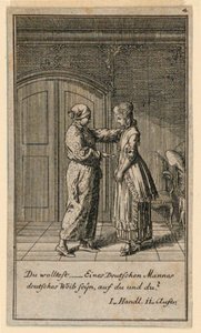 Otec nebo opatrovník mluví s dívkou, ilustrace hry „Ne více než sachs Schuesseln“ od Fredricha Wilhelma Grossmana v „Königl: Grosbrit [anian] genealogický kalendář na rok 1782 Lauenberg od J. G. Berenberga“ od Daniel Nikolaus Chodowiecki
