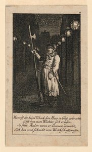 Noční hlídač, ilustrace pro "Königl: Grosbrit [anian] genealogický kalendář pro rok 1780 Lauenberg od J.G. Berenberga" od Daniel Nikolaus Chodowiecki