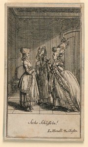 Starší žena plísní dívku, ilustrace hry „Ne více než sachs Schuesseln“ od Fredricha Wilhelma Grossmana v „Königl: Grosbrit [anian] genealogický kalendář na rok 1782 Lauenberg od J. G. Berenberga“ od Daniel Nikolaus Chodowiecki