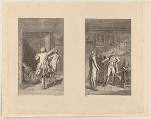 Baron vyhání Candida z hradu [vlevo]; Candide, Kunigunda a stařena před guvernérem Buenos Aires [vpravo] od Daniel Nikolaus Chodowiecki