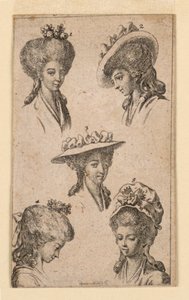 Pět pokrývek hlavy, jak je nosí berlínské ženy, ilustrace pro "Königl: Grosbritský [anovský] genealogický kalendář na rok 1783 Lauenberg od J.G. Berenberga" od Daniel Nikolaus Chodowiecki