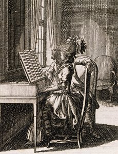 Hudba, žena hrající na spinet, Daniel Nikolaus Chodowiecki (1726-1801), z Occupations des dames, Německo, Polsko od Daniel Nikolaus Chodowiecki