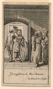 Starší pár povýšeně končí návštěvu, ilustrace hry „Ne více než sachs Schuesseln“ od Fredricha Wilhelma Grossmana v „Königl: Grosbrit [nische] genealogický kalendář na rok 1782 v Lauenbergu od J. G. Berenberga“ od Daniel Nikolaus Chodowiecki
