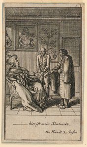 Starší žena si najímá muže, ilustrace hry „Ne více než sachs Schuesseln“ od Fredricha Wilhelma Grossmana v „Königl: Grosbrit [anian] genealogický kalendář na rok 1782 Lauenberg od J. G. Berenberga“ od Daniel Nikolaus Chodowiecki