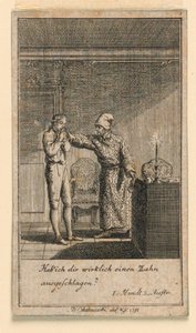 Úder do tváře, ilustrace hry „Ne více než sachs Schuesseln“ od Fredricha Wilhelma Grossmana v „Königl: Grosbritský [anian] genealogický kalendář na rok 1782 Lauenberg od J. G. Berenberga“ od Daniel Nikolaus Chodowiecki