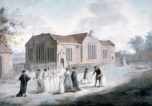 Průvod školáků vstupující do Broadway Chapel, Westminster, Londýn, 1797