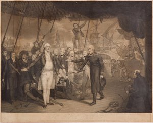 Vítězství lorda vikomta Duncana a rezignace admirála De Wintera na palubě lodi Venerable, říjen 1797 (tečkovaná rytina)