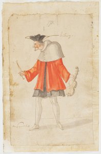 Hudebník z Ballet du Serieux et du Grotesque, 1627 (hnědý inkoust a wc na potištěném papíře)