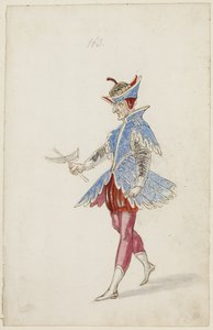 Mužská postava v modročerveném kostýmu z Ballet des quatre saisons de lAnnee, 1626 (hnědý inkoust, wc a metalická barva přes podkresbu černou křídou na položený papír)