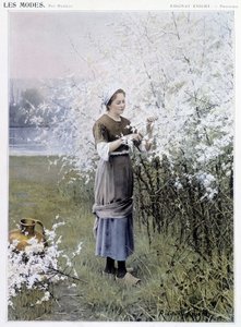 Jaro: Žena sbírá květiny - nemocná. od R. Knighta, c. 1905 od Daniel Ridgway Knight