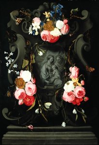 Květinový věnec se Svatou rodinou, 1625-27 (olej na mědi)