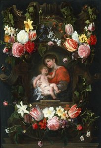 Věnec z květin s Madonou a dítětem, první třetina 17. století.