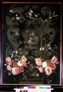 Madonna a dítě, svatá Alžběta a Jan Křtitel jako dítě v květinové girlandě. Obraz Daniela Segherse (1590-1661). Olej na mědi, 84 x 61 cm od Daniel Seghers