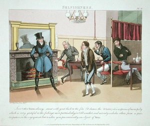 Sobeckost, deska 9 z knihy "The Necessary Qualifications of a Man of Fashion", vydané roku 1823 (ručně kolorovaná akvatinta) od Daniel Thomas Egerton
