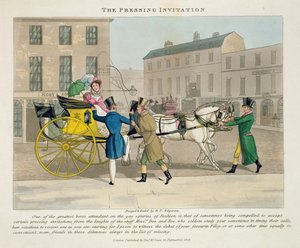 The Pressing Invitation, z „Fashionable Bores, or Coolers in High Life, Peter Quiz“, vydané v roce 1824 (ručně kolorovaná akvatinta) od Daniel Thomas Egerton