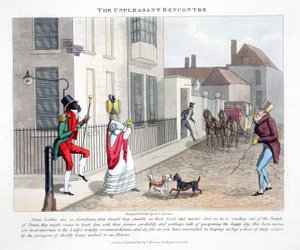 The Unpleasant Rencontre, ilustrace z knihy "Fashionable Bores or Coolers in High Life" od Petera Quize, vyd. Thomas McLean, Londýn 1824 (ručně kolorovaná rytina).